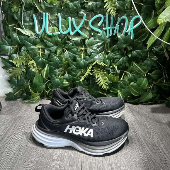 Hoka One One Bondi 8 Running Shoes Sneakers Black White Women's Size 7.5 D Wide - Picture 1 of 11